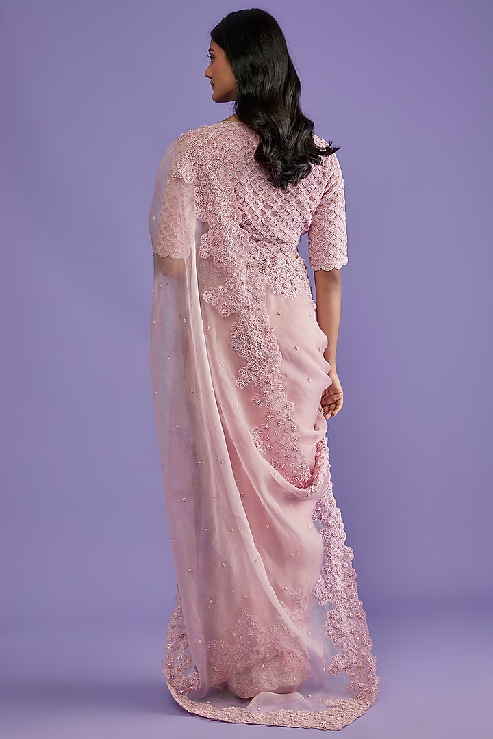 Lilac-Pink Organza Embroidered Wedding Saree Set by COUTURE BY NIHARIKA at Pernia's Pop Up Shop