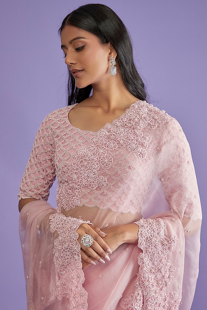 Lilac-Pink Organza Embroidered Wedding Saree Set by COUTURE BY NIHARIKA at Pernia's Pop Up Shop