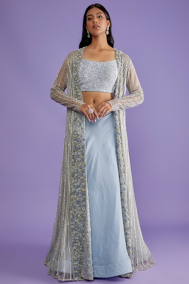 Powder Blue Organza Embroidered Jacket Set by COUTURE BY NIHARIKA