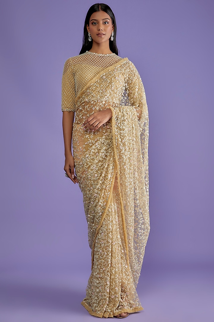 Beige Net Embroidered Saree Set by COUTURE BY NIHARIKA