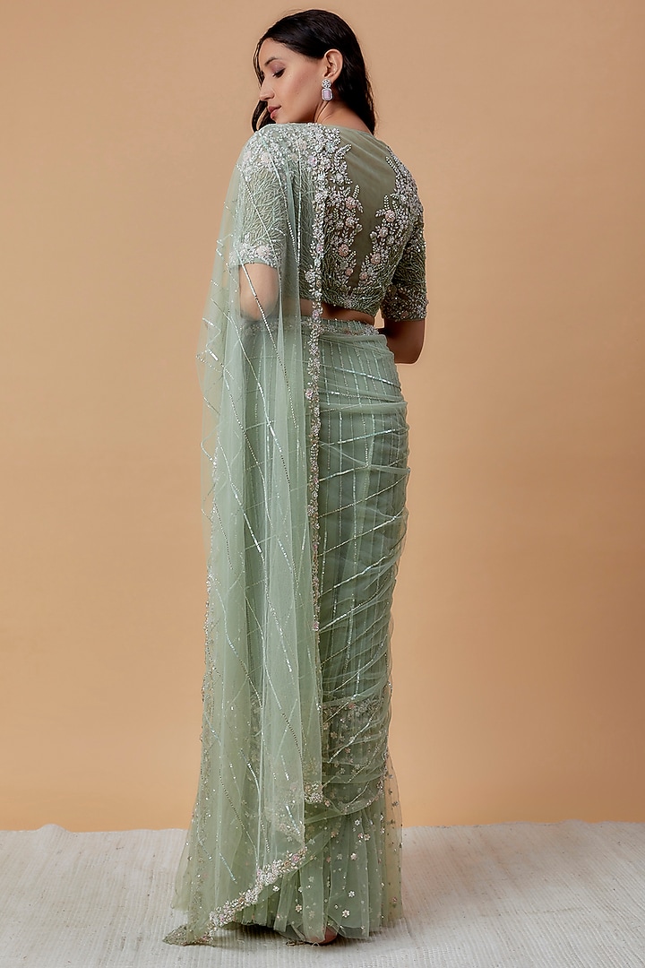 Mint Green Net Embroidered Reception Saree Set by COUTURE BY NIHARIKA at Pernia's Pop Up Shop