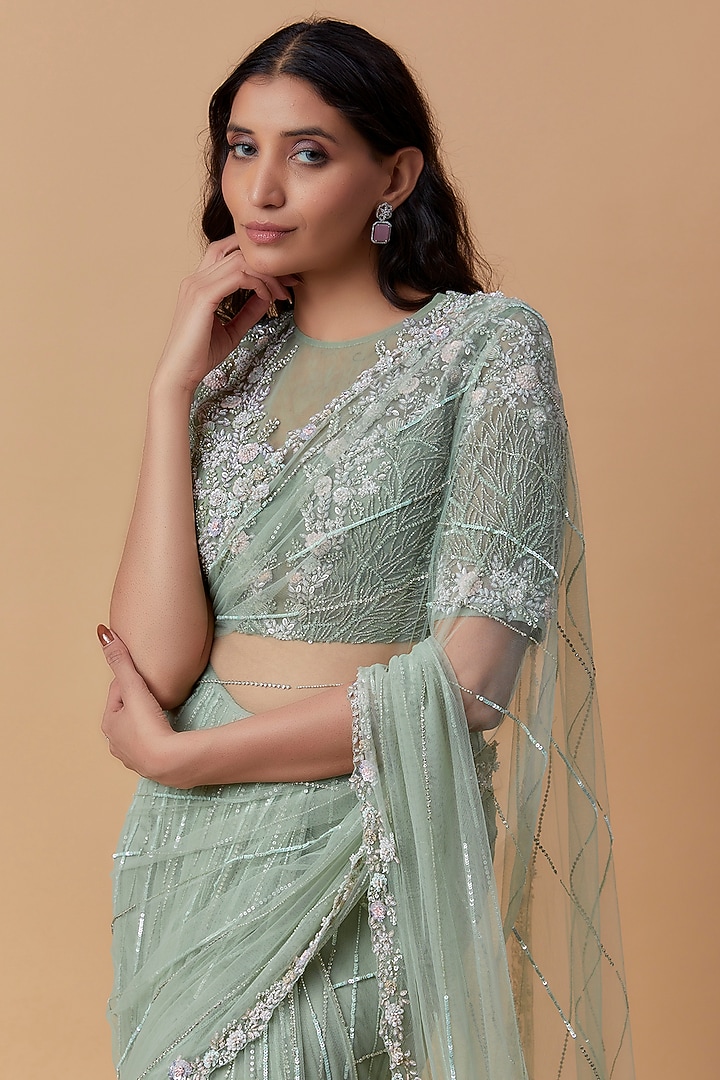 Mint Green Net Embroidered Reception Saree Set by COUTURE BY NIHARIKA at Pernia's Pop Up Shop