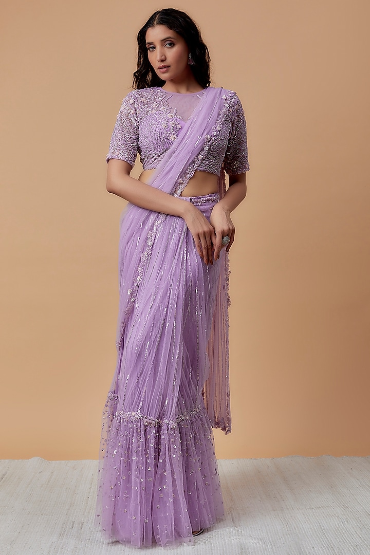 Lavender Net Embroidered Saree Set by COUTURE BY NIHARIKA
