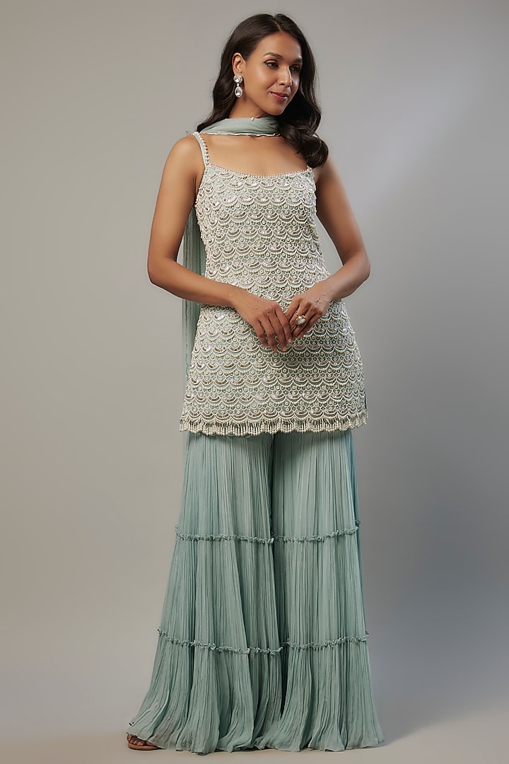 Powder Blue Viscose Wedding Sharara Set by COUTURE BY NIHARIKA at Pernia's Pop Up Shop