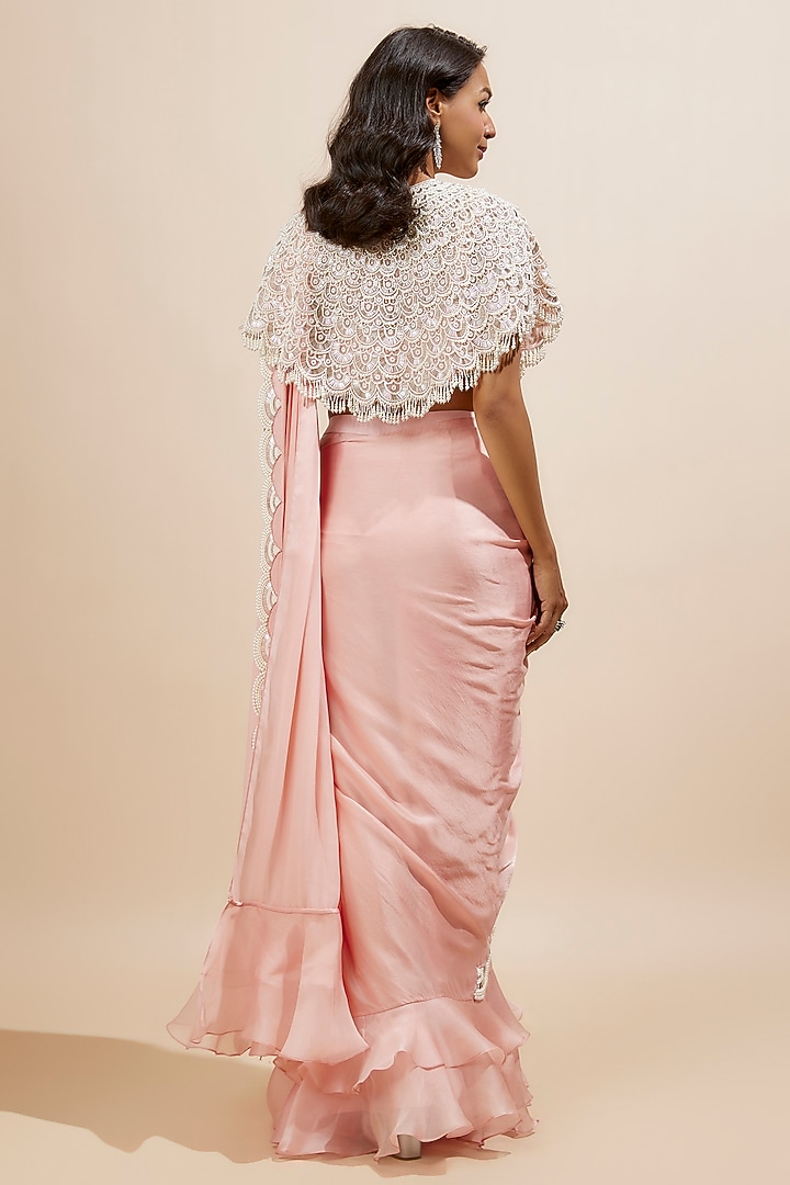 Powder Pink Satin Georgette & Organza Moti Work Reception Saree Set by COUTURE BY NIHARIKA at Pernia's Pop Up Shop