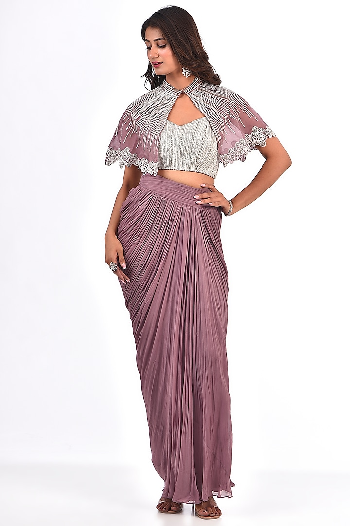 Dusty Purple Georgette Draped Skirt Set by COUTURE BY NIHARIKA at Pernia's Pop Up Shop