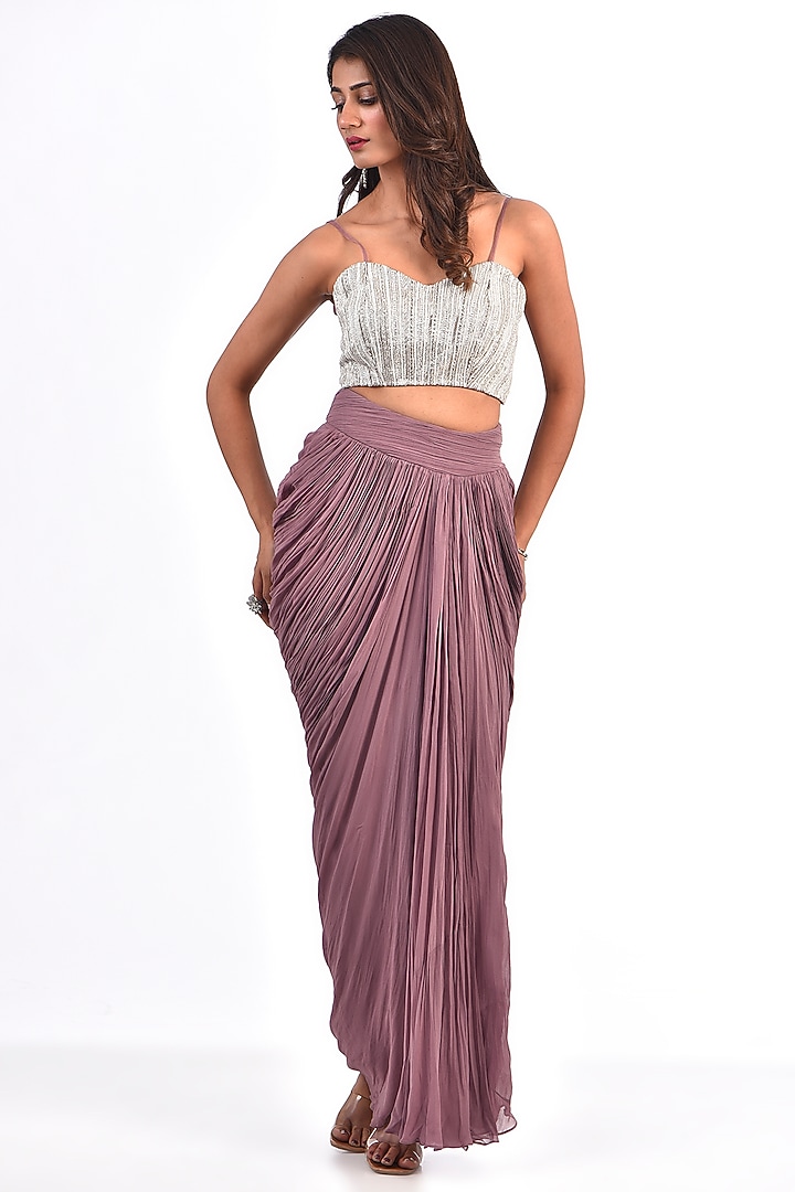 Dusty Purple Georgette Draped Skirt Set by COUTURE BY NIHARIKA at Pernia's Pop Up Shop