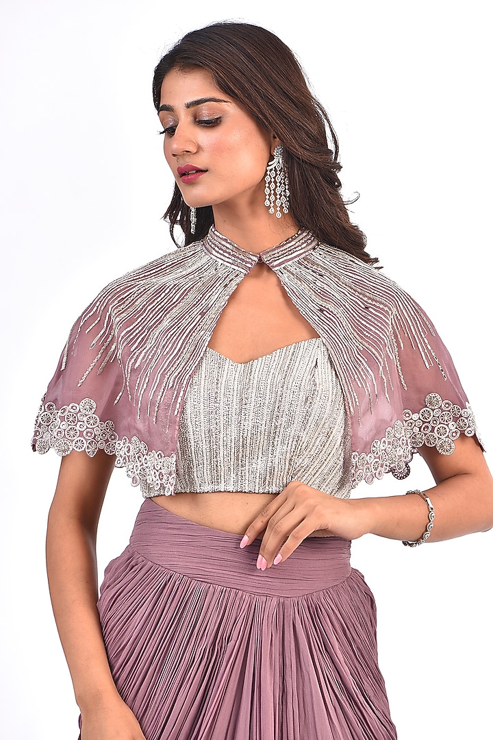 Dusty Purple Georgette Draped Skirt Set by COUTURE BY NIHARIKA at Pernia's Pop Up Shop