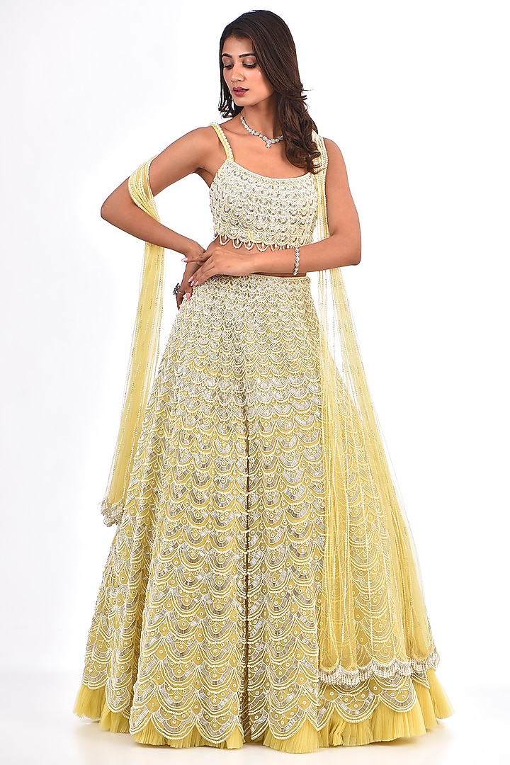 Yellow Organza Pearl Work Bridal Lehenga Set by COUTURE BY NIHARIKA at Pernia's Pop Up Shop