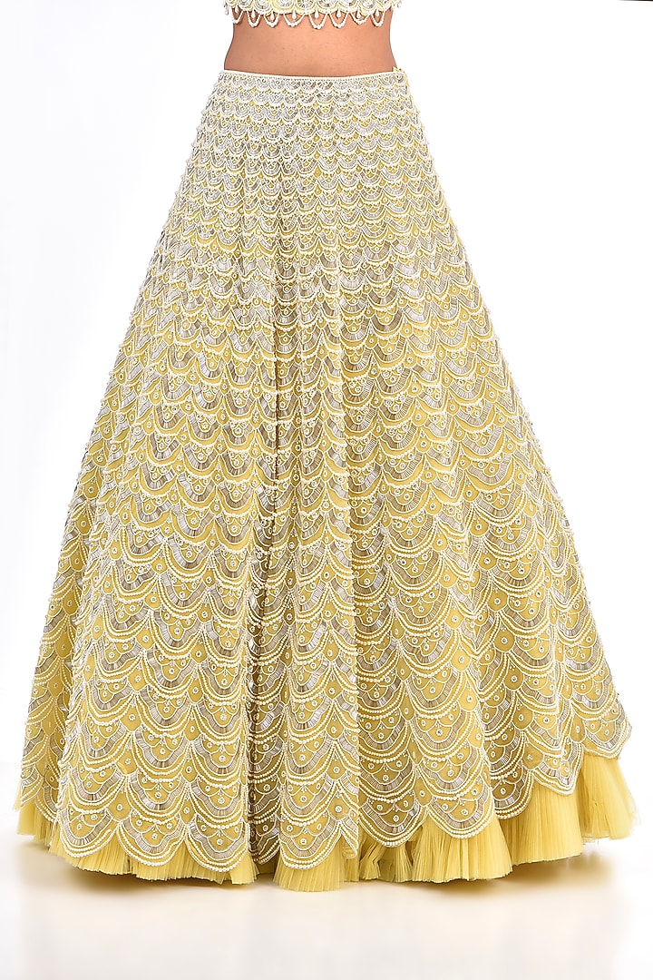 Yellow Organza Pearl Work Bridal Lehenga Set by COUTURE BY NIHARIKA at Pernia's Pop Up Shop