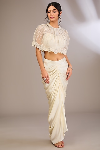 Ivory Organza Geometric Embroidered Cape Set by COUTURE BY NIHARIKA