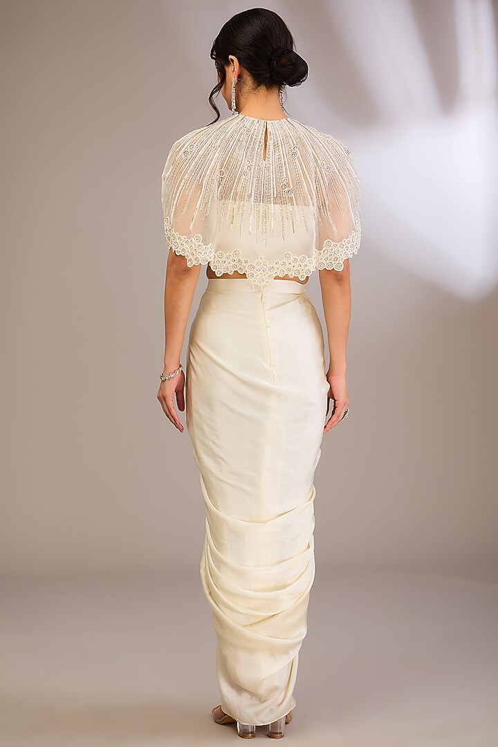 Ivory Organza Geometric Embroidered Cape Set by COUTURE BY NIHARIKA at Pernia's Pop Up Shop