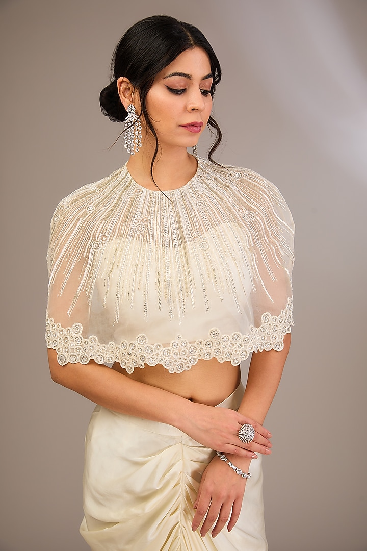 Ivory Organza Geometric Embroidered Cape Set by COUTURE BY NIHARIKA at Pernia's Pop Up Shop