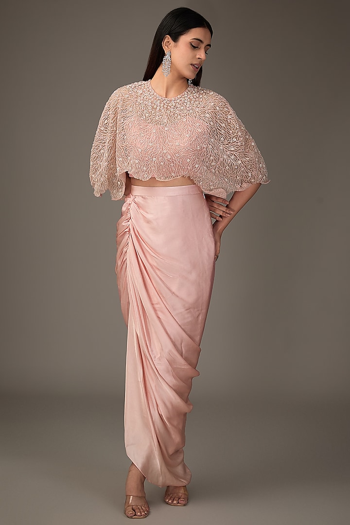 Pink Net & Satin Branch Embroidered Cape Set by COUTURE BY NIHARIKA at Pernia's Pop Up Shop