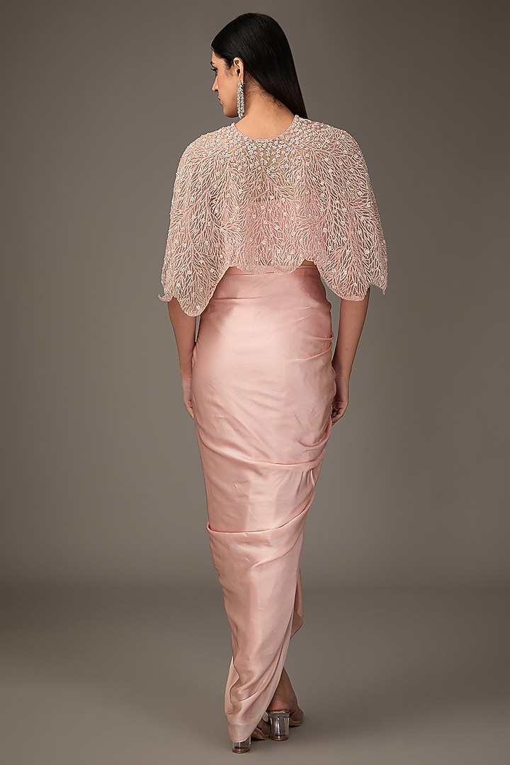 Pink Net & Satin Branch Embroidered Cape Set by COUTURE BY NIHARIKA at Pernia's Pop Up Shop