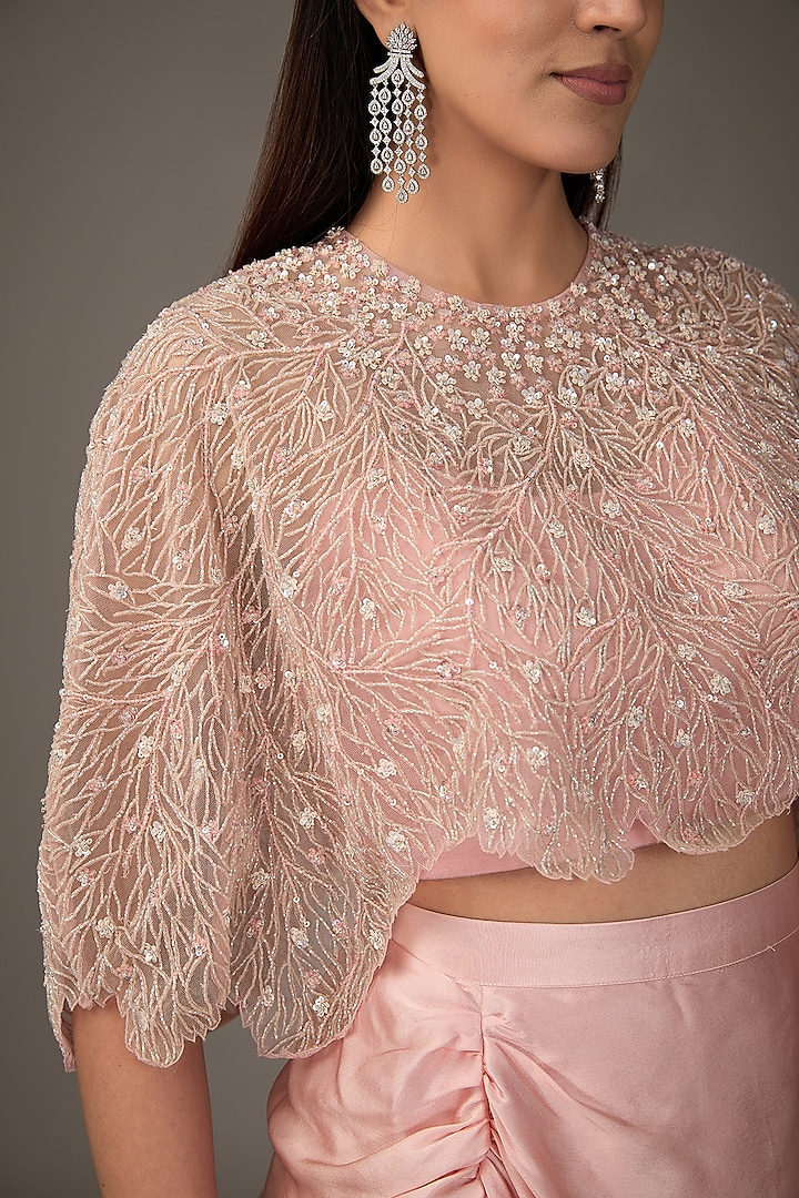 Pink Net & Satin Branch Embroidered Cape Set by COUTURE BY NIHARIKA at Pernia's Pop Up Shop