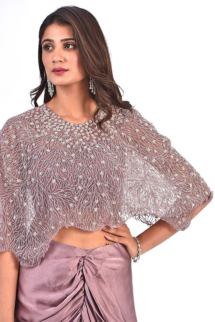 Dusty Purple Satin Draped Skirt Set by COUTURE BY NIHARIKA at Pernia's Pop Up Shop