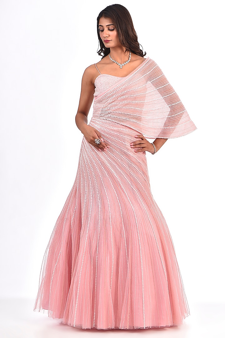 Powder Pink Net & Viscose Sequins Work Gown by COUTURE BY NIHARIKA at Pernia's Pop Up Shop