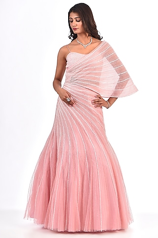 Powder Pink Net & Viscose Sequins Work Gown by COUTURE BY NIHARIKA