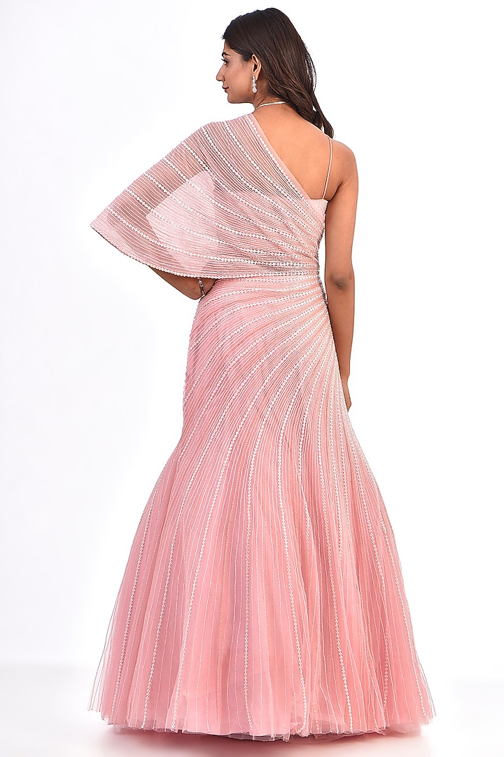 Powder Pink Net & Viscose Sequins Work Wedding Gown by COUTURE BY NIHARIKA at Pernia's Pop Up Shop