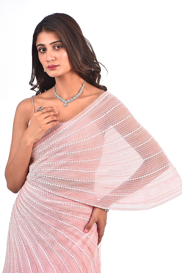 Powder Pink Net & Viscose Sequins Work Wedding Gown by COUTURE BY NIHARIKA at Pernia's Pop Up Shop