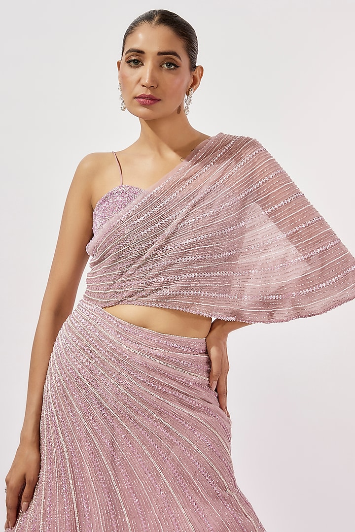 Lavender Net & Viscose Sequins Line Embroidered Wedding Lehenga Set by COUTURE BY NIHARIKA at Pernia's Pop Up Shop