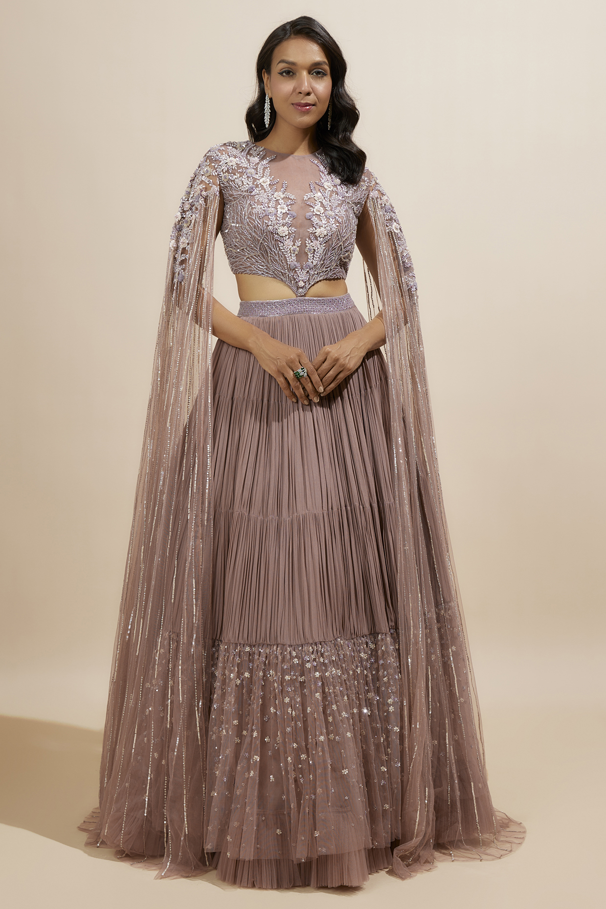 Dusty Purple Net & Viscose Sequins Work Skirt Set by COUTURE BY NIHARIKA at Pernia's Pop Up Shop