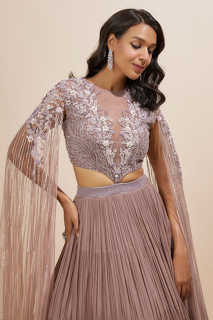 Dusty Purple Net & Viscose Sequins Work Skirt Set by COUTURE BY NIHARIKA at Pernia's Pop Up Shop