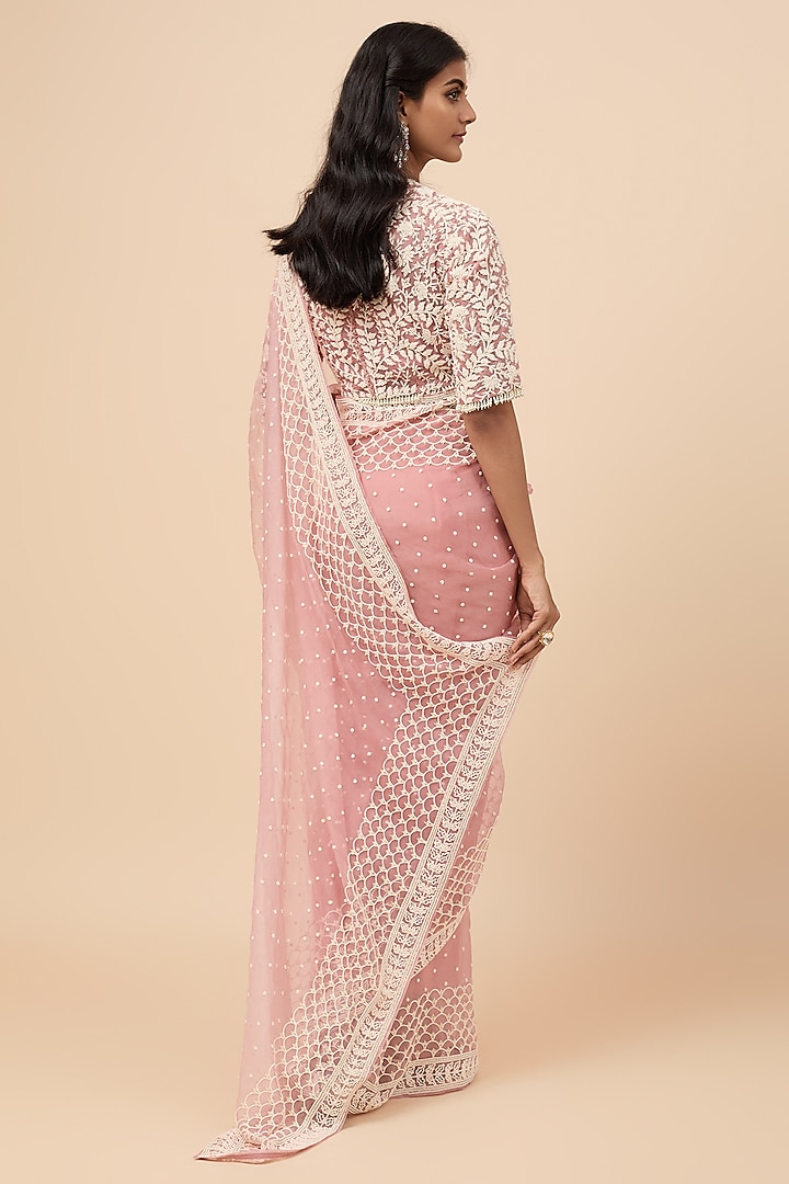 Lilac Pink Organza Chitta Work Reception Saree Set by COUTURE BY NIHARIKA at Pernia's Pop Up Shop
