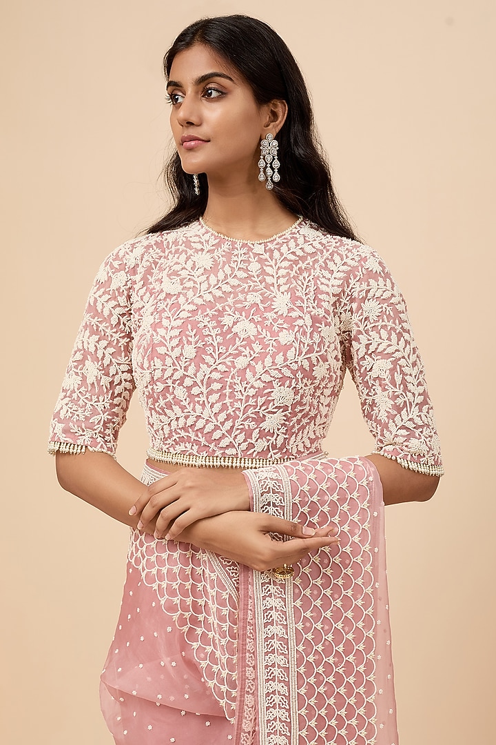 Lilac Pink Organza Chitta Work Reception Saree Set by COUTURE BY NIHARIKA at Pernia's Pop Up Shop