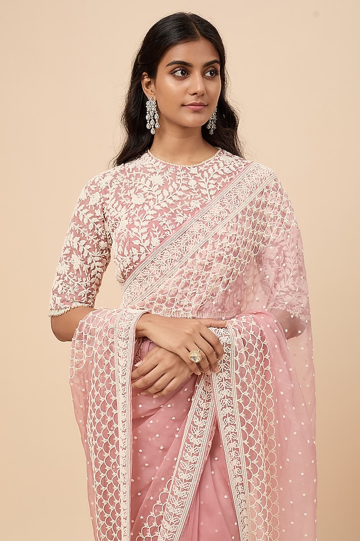 Lilac Pink Organza Chitta Work Reception Saree Set by COUTURE BY NIHARIKA at Pernia's Pop Up Shop