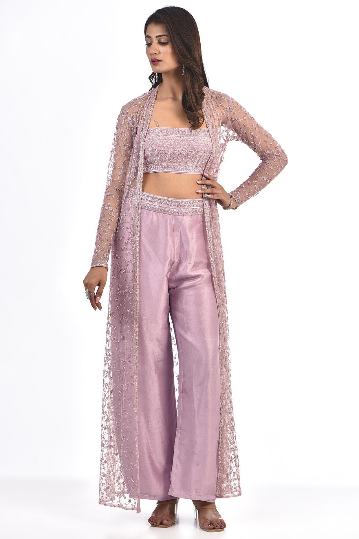 Lavender Net Jaal Embroidered Jacket Set by COUTURE BY NIHARIKA at Pernia's Pop Up Shop