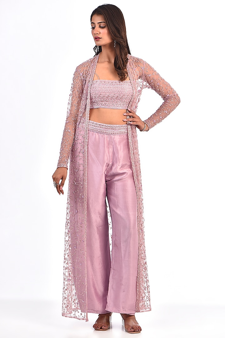 Lavender Net Jaal Embroidered Jacket Set by COUTURE BY NIHARIKA at Pernia's Pop Up Shop