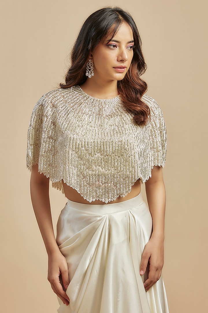 Ivory Satin Draped Skirt Set by COUTURE BY NIHARIKA at Pernia's Pop Up Shop