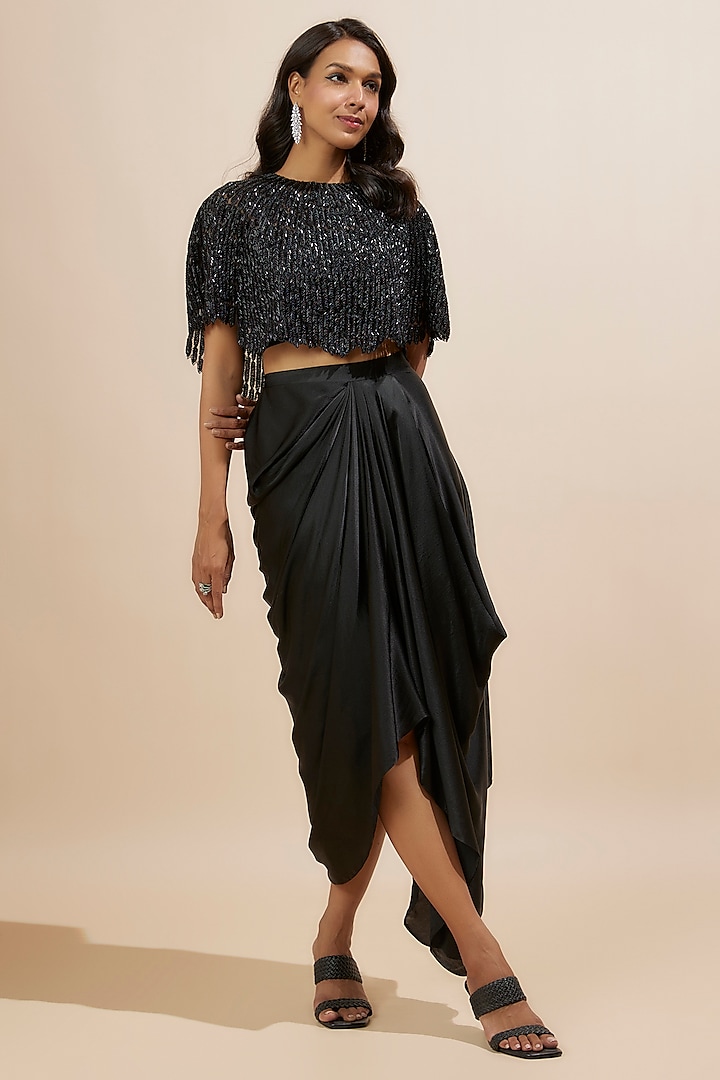 Black Satin & Organza Skirt Set by COUTURE BY NIHARIKA at Pernia's Pop Up Shop