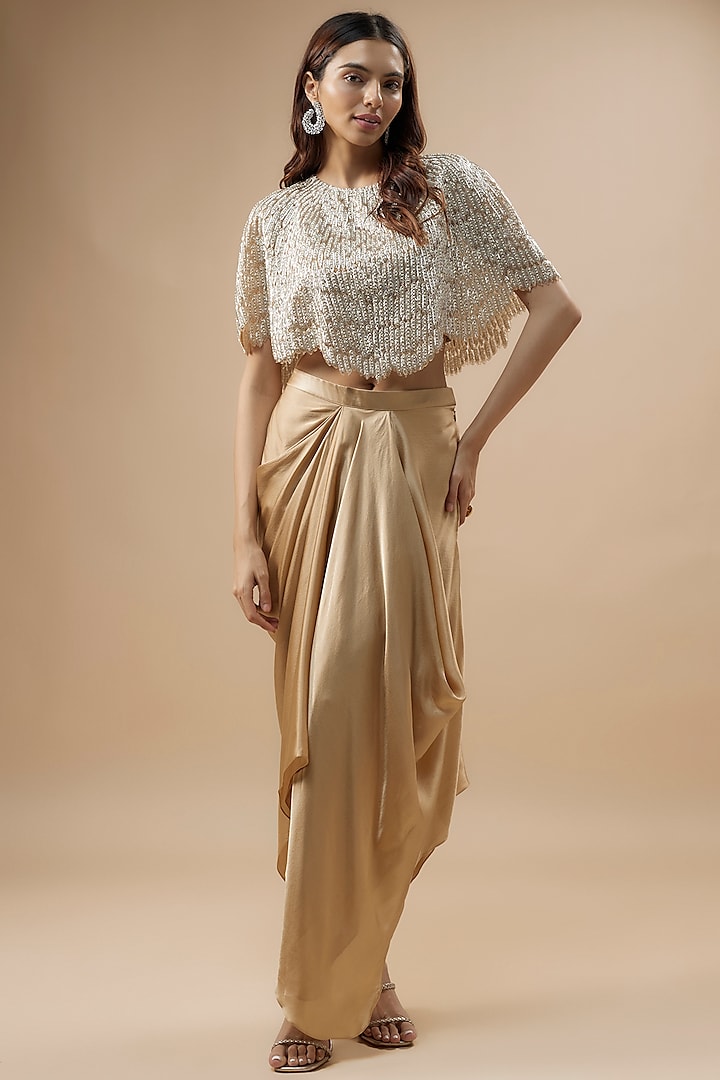 Beige Satin Draped Skirt Set by COUTURE BY NIHARIKA at Pernia's Pop Up Shop