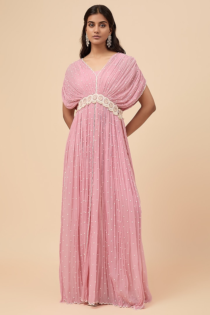 Lilac Pink Chiffon & Viscose Chitta Work Cape-Style Gown by COUTURE BY NIHARIKA