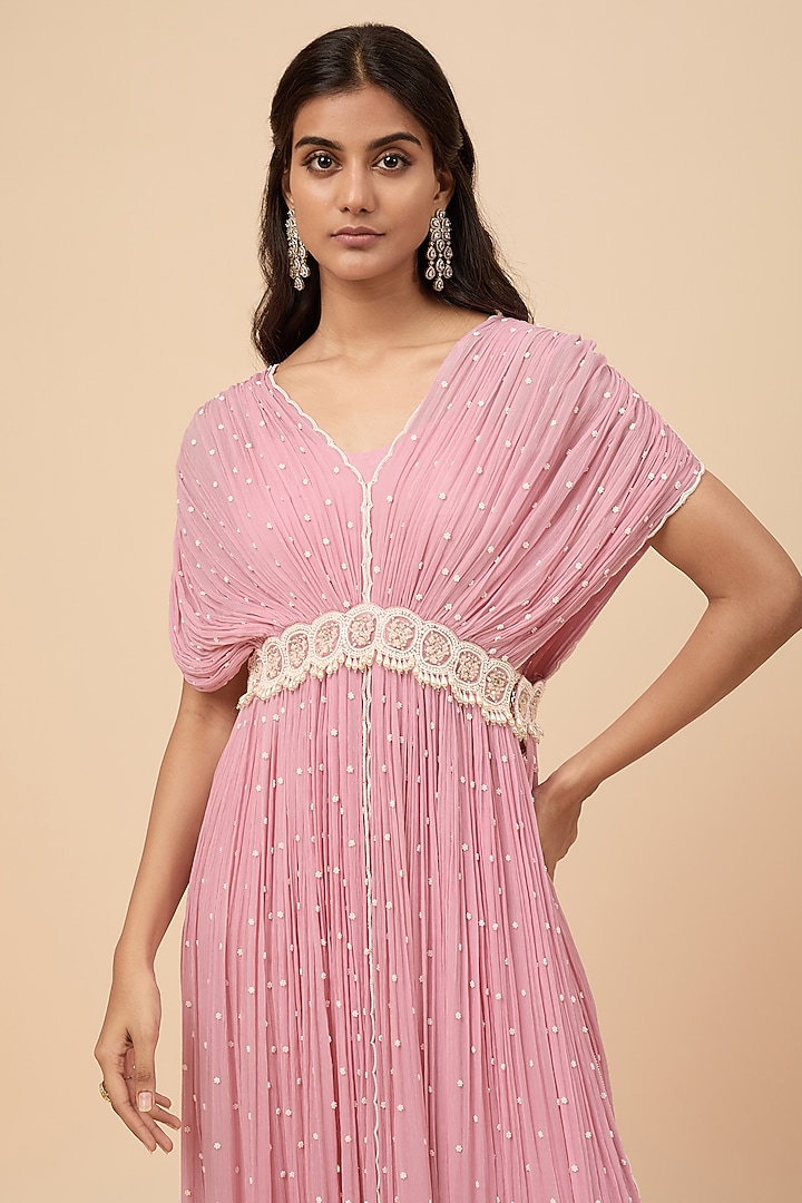 Lilac Pink Chiffon & Viscose Chitta Work Cape-Style Gown by COUTURE BY NIHARIKA at Pernia's Pop Up Shop