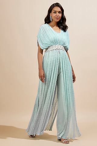 Powder Blue Chiffon Cape Set by COUTURE BY NIHARIKA