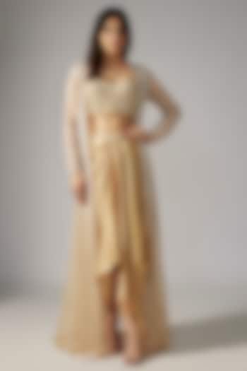Beige Pure Satin Draped Skirt Set by COUTURE BY NIHARIKA