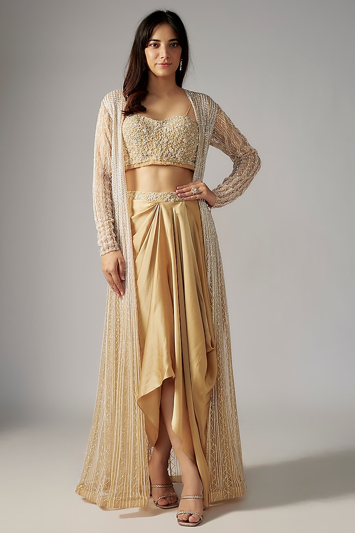 Beige Pure Satin Draped Skirt Set by COUTURE BY NIHARIKA