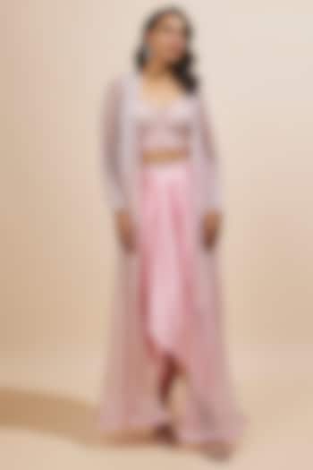 Lilac Pink Satin Embroidered Draped Skirt Set by COUTURE BY NIHARIKA at Pernia's Pop Up Shop