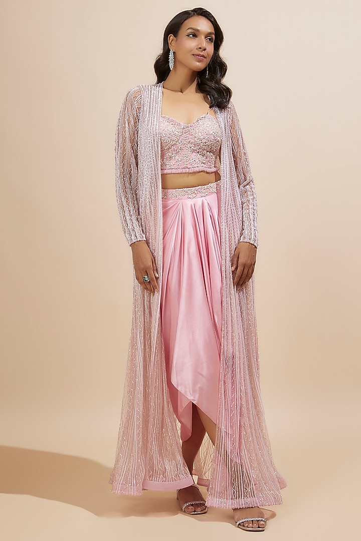 Lilac Pink Satin Embroidered Draped Skirt Set by COUTURE BY NIHARIKA at Pernia's Pop Up Shop
