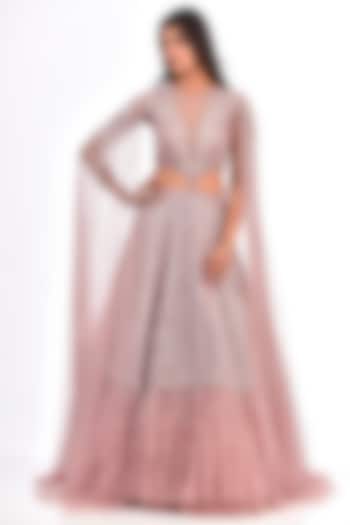 Blush Pink Net & Organza Floral Jaal Embroidered Bridal Lehenga Set by COUTURE BY NIHARIKA at Pernia's Pop Up Shop