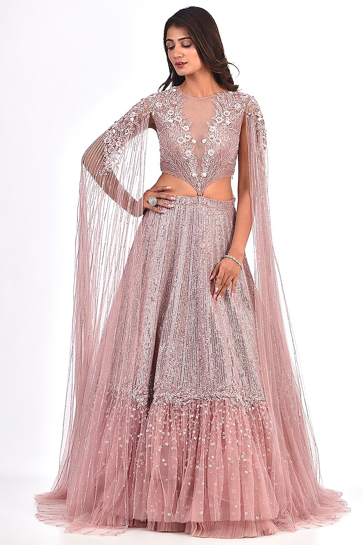 Blush Pink Net & Organza Floral Jaal Embroidered Bridal Lehenga Set by COUTURE BY NIHARIKA at Pernia's Pop Up Shop