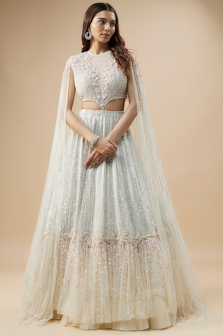 Ivory Net & Organza Floral Jaal Embroidered Bridal Lehenga Set by COUTURE BY NIHARIKA at Pernia's Pop Up Shop