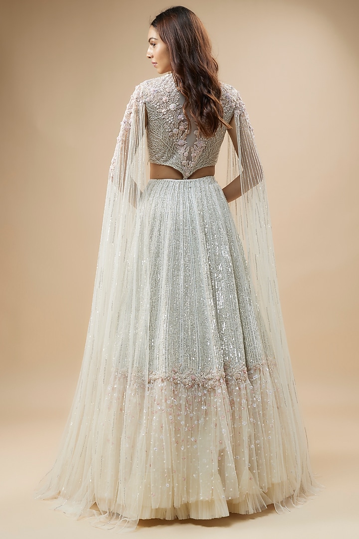 Ivory Net & Organza Floral Jaal Embroidered Bridal Lehenga Set by COUTURE BY NIHARIKA at Pernia's Pop Up Shop
