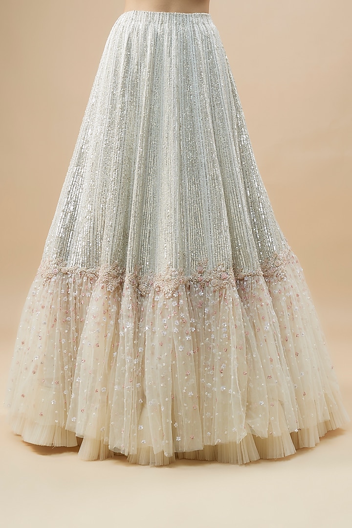 Ivory Net & Organza Floral Jaal Embroidered Bridal Lehenga Set by COUTURE BY NIHARIKA at Pernia's Pop Up Shop