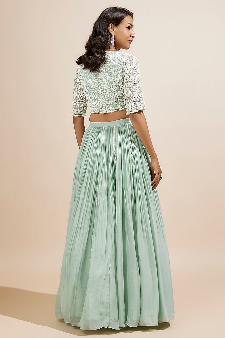 Sage Green Chiffon Gathered Wedding Lehenga Set by COUTURE BY NIHARIKA at Pernia's Pop Up Shop