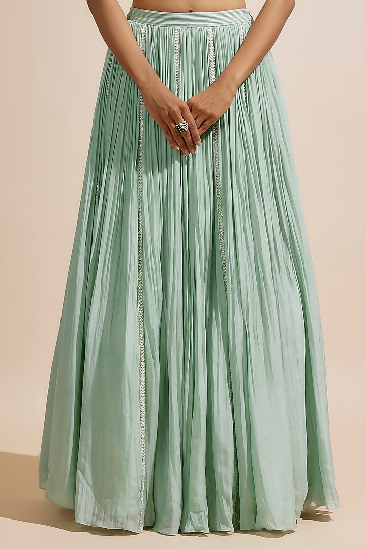 Sage Green Chiffon Gathered Wedding Lehenga Set by COUTURE BY NIHARIKA at Pernia's Pop Up Shop